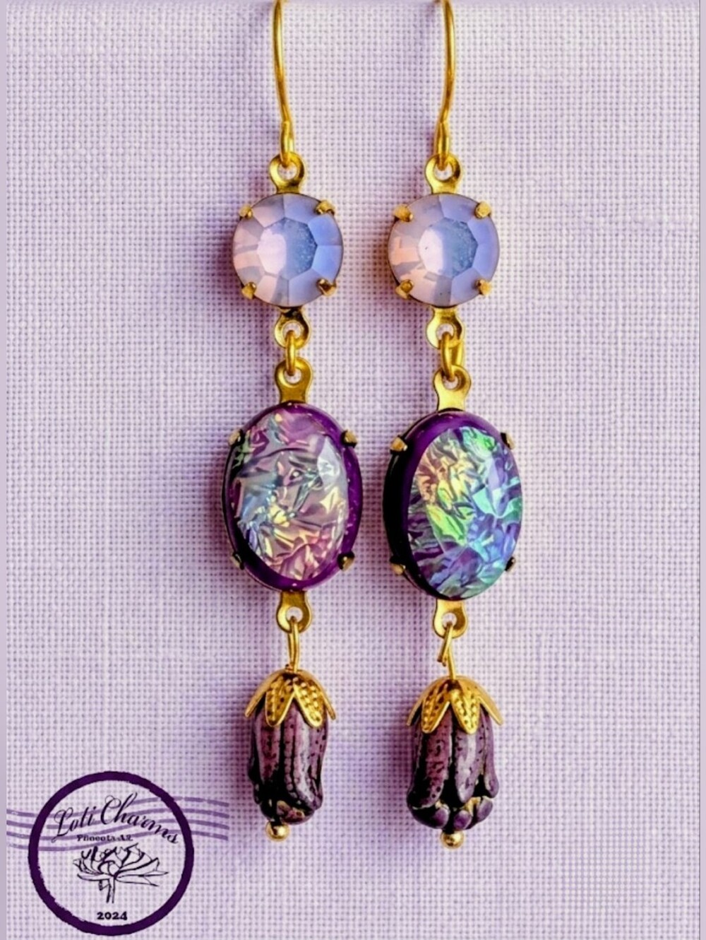 Mystic & Fiery Purple Opal W/ Swarovski Crystal In Three Tier Drop Earrings